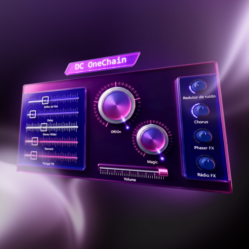 Interface 3D do plugin DC OneChain com design futurista roxo e rosa